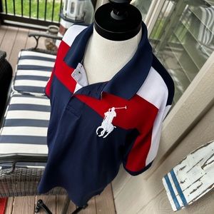 POLO Ralph Lauren Boys Red, White Blue ‘Big Pony’ Performance Polo Shirt  LRG